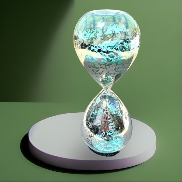 VINTAGE HOUR GLASS BLUE SAND- UNIQUE SILVER ETCHING DETAIL Caribbean Ocean Blue - Picture 2 of 9